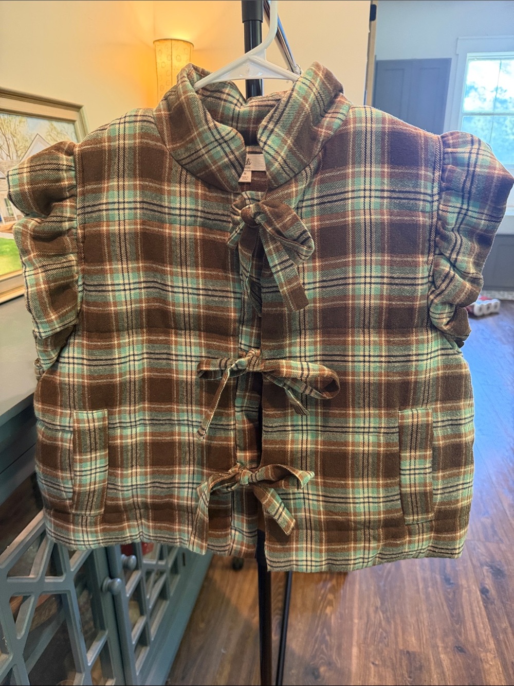 Plaid Tie-Front Puffer Vest in Brown & Mint - Women's Vest